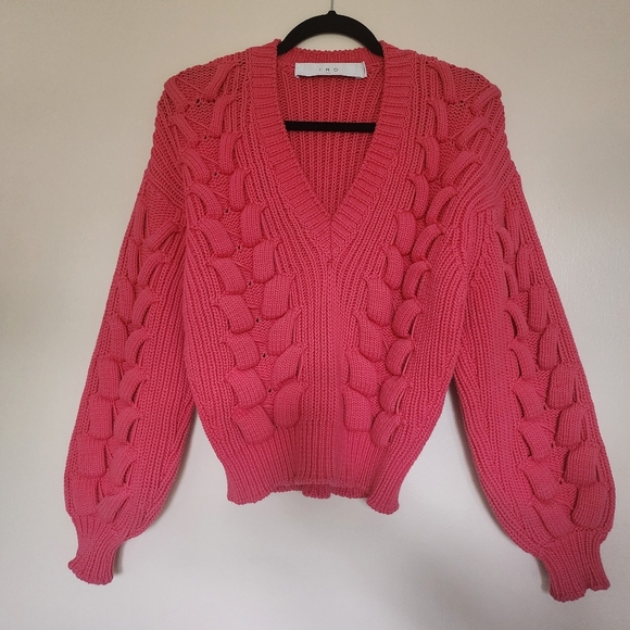 IRO Arwy Chunky Cable Oversized V-Neck Sweater 3D Knit Bubblegum Pink Size XS - Picture 3 of 13